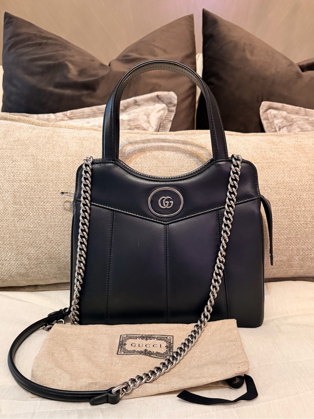 $4k Gucci Calfskin Petite GG Small Chain Tote Bag Black
